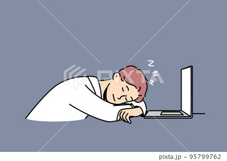 Tired man fall asleep at workplace  95799762