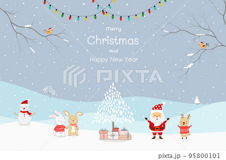 Party in the winter with Santa Claus and funny cartoon forest animals for Christmas or new year decorative,poster,banner and other winter events Party in the winter with Santa Claus and funny cartoon forest animals for Christmas or new year decorative,poster,banner and other winter events 95800101