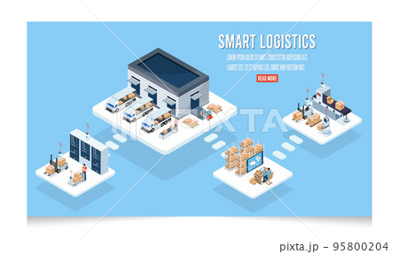 3D isometric Smart logistics concept with Warehouse Logistic, Workers loading products, transportation truck use wireless technoloty. Eps10 vector illustration 95800204