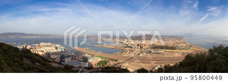 View of the City, Airport and Port from top of Rock of Gibraltar. 95800449