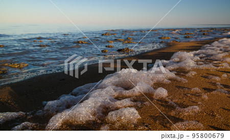 Sea foam at the beach of the Aral Sea near Aktumsuk cape at sunset, Karakalpakstan, Uzbekistan 95800679