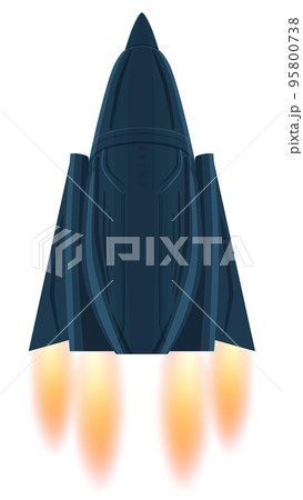 Cartoon spaceship with triangle aggressive form similar fighter aircraft with flame from nozzles isolated on white. Dark blue color of hull. Design element. Cartoon spaceship with triangle aggressive form similar fighter aircraft with flame from nozzles isolated on white. Dark blue color of hull. Design element. 95800738
