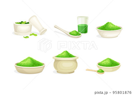 Spirulina dietary supplements set. Fresh green leaves and powder of algae. Eco product, antioxidant superfood cartoon vector illustration Spirulina dietary supplements set. Fresh green leaves and powder of algae. Eco product, antioxidant superfood cartoon vector illustration 95801876