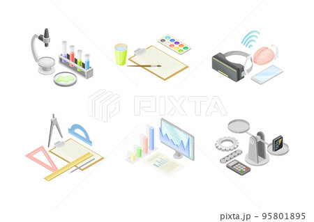 School lesson subjects and science objects set. Education supplies and equipment vector illustration School lesson subjects and science objects set. Education supplies and equipment vector illustration 95801895