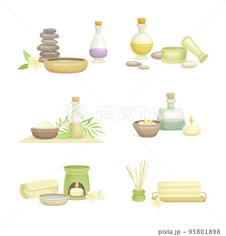Spa elements set. Aromatic reed diffuser, burning candles, stone pebbles, towels. Aromatherapy and skin care vector illustration 95801898