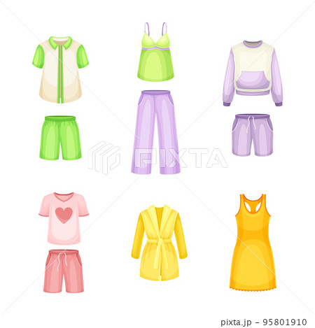 Set of pajamas, female sleepwear. Cotton textile night clothes cartoon vector illustration Set of pajamas, female sleepwear. Cotton textile night clothes cartoon vector illustration 95801910