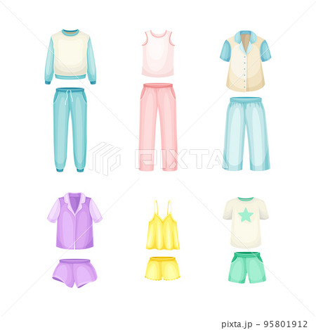 Set of pajamas, sleepwear for women. Cotton textile night clothes cartoon vector illustration 95801912