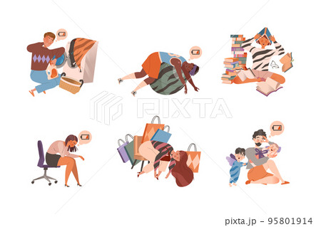 Exhausted tired people set. Professional burnout syndrome. Stressed persons, overworked student, athlete, tired parent with naughty kids vector illustration Exhausted tired people set. Professional burnout syndrome. Stressed persons, overworked student, athlete, tired parent with naughty kids vector illustration 95801914