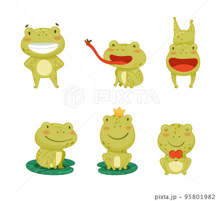 Cute frog cartoon character in everyday activities set. Green funny amphibian animal smiling, jumping, croaking, catching fly vector illustration Cute frog cartoon character in everyday activities set. Green funny amphibian animal smiling, jumping, croaking, catching fly vector illustration 95801982