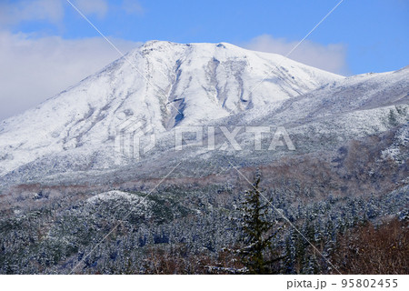 秋の冠雪した十勝連峰 95802455