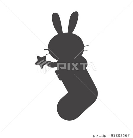 Vector bunny winter illustration of a symbol of chinese new year 2023. Black rabbit in stocking silhouette for Merry Christmas greeting card for children EPS 95802567