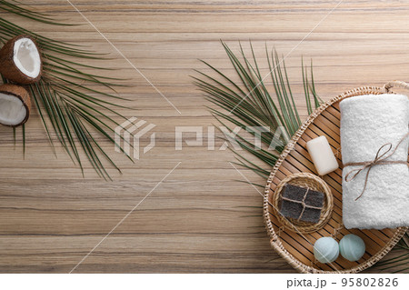 Flat lay composition with handmade soap on wooden background. Space for text Flat lay composition with handmade soap on wooden background. Space for text 95802826