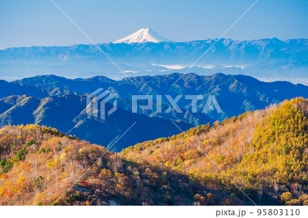 （栃木県）奥日光半月山駐車場から望む、紅葉した山並みの向こうに富士山 95803110