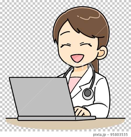Female doctor typing in a computer with a smile Female doctor typing in a computer with a smile 95803535