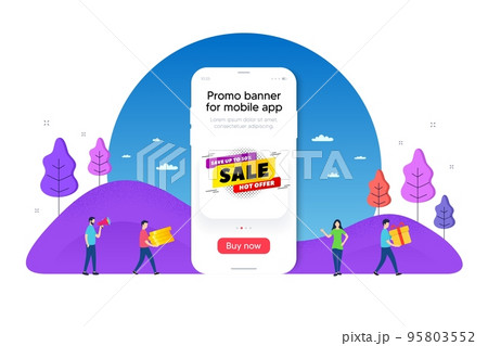 Sale 50 percent off banner. Phone ui interface banner. Discount sticker shape. Hot offer icon. Mobile smartphone promo banner. Sale 50% tag. Man with gift box. Vector 95803552