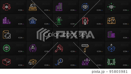 Set of Wholesale goods, Lighthouse and Parcel delivery line icons. Include Parcel tracking, Office box, Buildings icons. Skyscraper buildings, Engineering team, Brush web elements. Vector 95803981