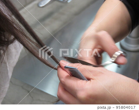 毛先をカットする美容師 毛先をカットする美容師 95804017