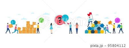 Improving safety, Food delivery and Search employee minimal line icons. People characters with puzzle, delivery parcel. Musical note icons. For web, application, printing. Vector 95804112