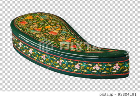 A closeup of a casket with an artistic painting on a white background. Central Asia, Uzbekistan A closeup of a casket with an artistic painting on a white background. Central Asia, Uzbekistan 95804191