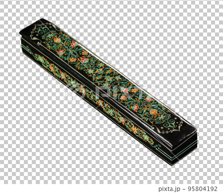 A closeup of a pencil case with artistic painting on a white background. Central Asia, Uzbekistan A closeup of a pencil case with artistic painting on a white background. Central Asia, Uzbekistan 95804192