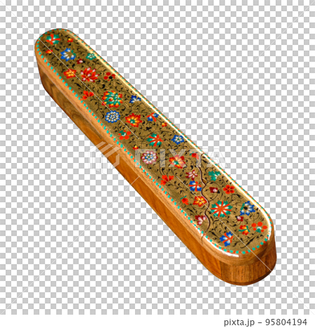 A closeup of a pencil case with artistic painting on a white background. Central Asia, Uzbekistan A closeup of a pencil case with artistic painting on a white background. Central Asia, Uzbekistan 95804194