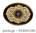 A closeup of a round casket with an artistic painting on a white background. Central Asia, Uzbekistan 95804196