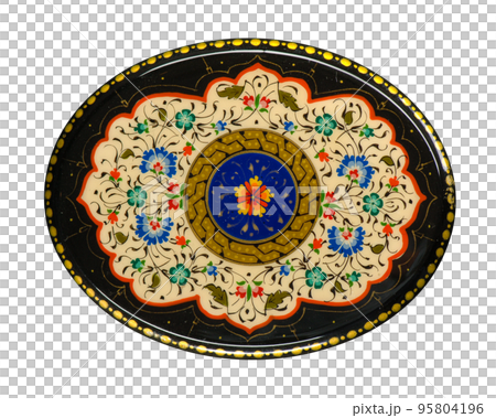 A closeup of a round casket with an artistic painting on a white background. Central Asia, Uzbekistan 95804196