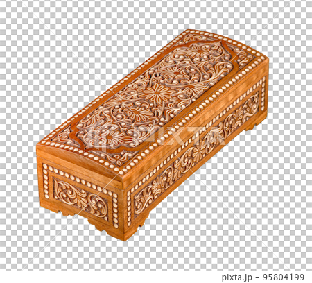 A wooden casket with traditional artistic carving isolated on a white background 95804199