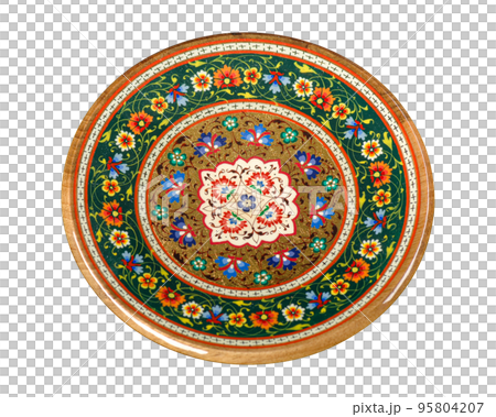 A wooden plate with artistic painting isolated on a white background 95804207