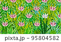 An illustrated painting of a green grass field filled with pink flowers 95804582