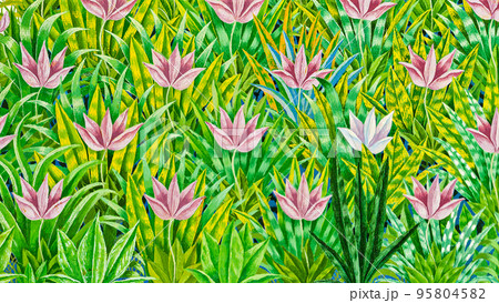 An illustrated painting of a green grass field filled with pink flowers An illustrated painting of a green grass field filled with pink flowers 95804582