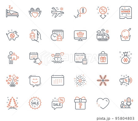 Holidays icons set. Included icon as Puzzle, Heart and Santa sack web elements. Winner ticket, Sale, Sale megaphone icons. Fireworks explosion, Account, Honeymoon cruise web signs. Vector 95804803