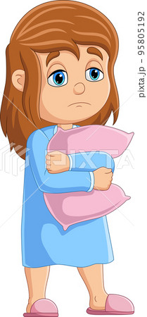 Cartoon sleepy girl standing with hugging pillow 95805192
