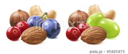 Fresh cranberry, raisin, hazelnut, almond, walnut and cashew nut set isolated on white background 95805873