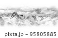 Black and white panorama of snowy winter mountain in sunlight clouds 95805885