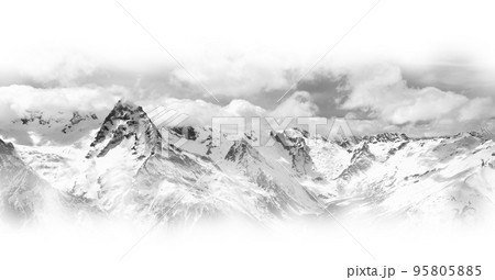 Black and white panorama of snowy winter mountain in sunlight clouds 95805885