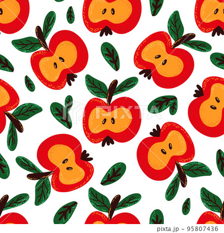Seamless pattern with cut red apples on a blue background 95807436