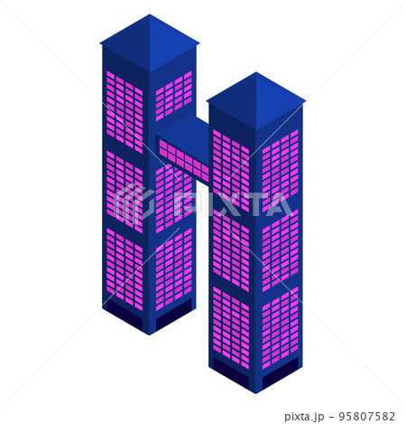 Isometric buildings of two skyscrapers connected by a passage at the top isolated on white. Modern palette. Vector EPS10. Isometric buildings of two skyscrapers connected by a passage at the top isolated on white. Modern palette. Vector EPS10. 95807582