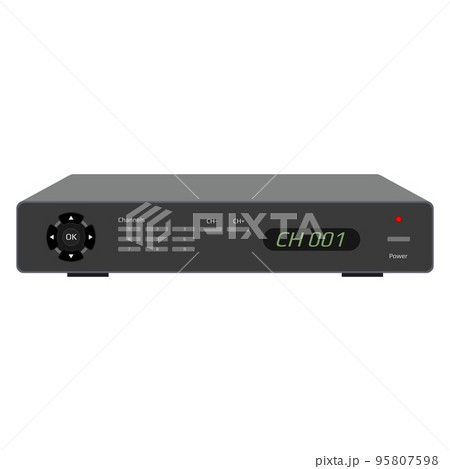 Realistic satellite receiver with display, USB ports and control buttons. TV control device isolated on white. Vector EPS 10. 95807598