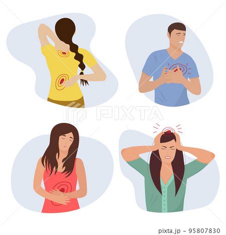 Set of people with different body pain: headache, abdominal pain, heart pain, back and neck pain. 95807830