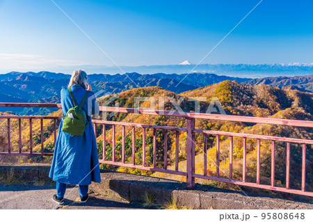 （栃木県）奥日光半月山駐車場から紅葉した山並みと遥かな富士山を見る女性 95808648