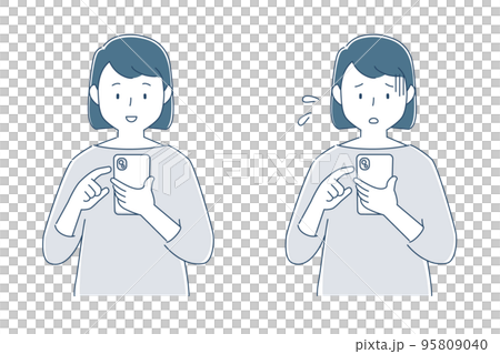スマートフォンを操作する女性の笑顔と困った顔のイラスト 95809040