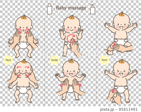 ベビーマッサージをされている笑顔の赤ちゃんのイラスト素材セット 95811491