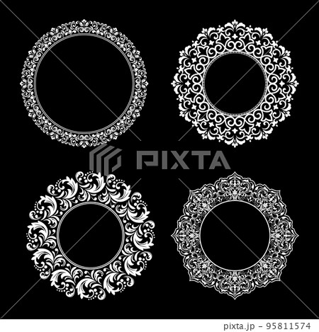 Set of decorative frames Elegant vector element for design in Eastern style, place for text. Floral black and white borders. Lace illustration for invitations and greeting cards. Set of decorative frames Elegant vector element for design in Eastern style, place for text. Floral black and white borders. Lace illustration for invitations and greeting cards. 95811574