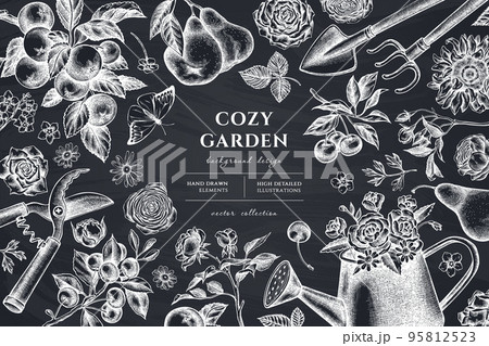 Gardening hand drawn illustration design. Background with chalk watering can, apples, cherry, rose, pears, shovel, rake, secateurs, chamomile, sunflower, forget me not flower, ranunculus, great orange 95812523