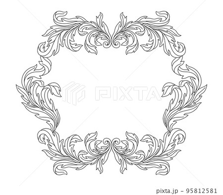 Decorative floral frame in baroque style. Engraved black curling plant. Decorative floral frame in baroque style. Engraved black curling plant. 95812581