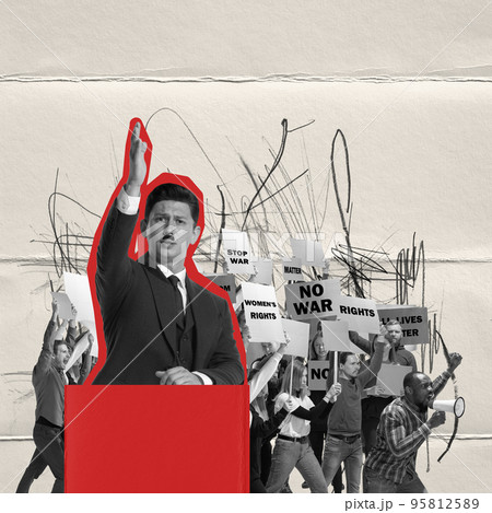 Creative design. Conceptual image. Man, politician starting war against another country. People showing protest behind tribune 95812589