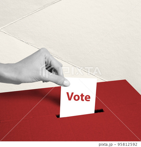 Creative design. Conceptual image. Female hand putting voting blank, ballot into box. Creative design. Conceptual image. Female hand putting voting blank, ballot into box. 95812592