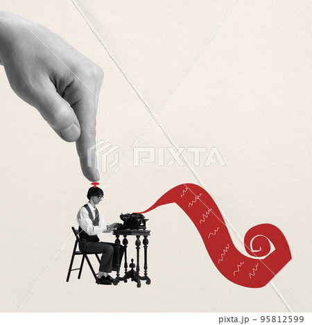 Creative design. Conceptual artwork. Young man, journalist typing information, news under pressure. Lie Creative design. Conceptual artwork. Young man, journalist typing information, news under pressure. Lie 95812599