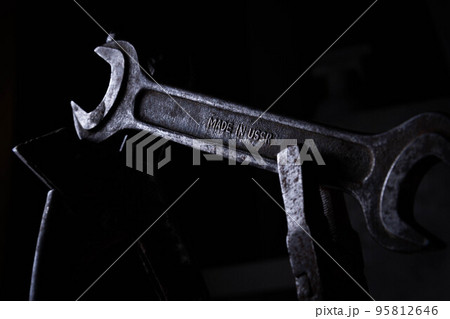 Old rusty wrenches. Made in USSR. Grunge tool. Quality mark. Old rusty wrenches. Made in USSR. Grunge tool. Quality mark. 95812646